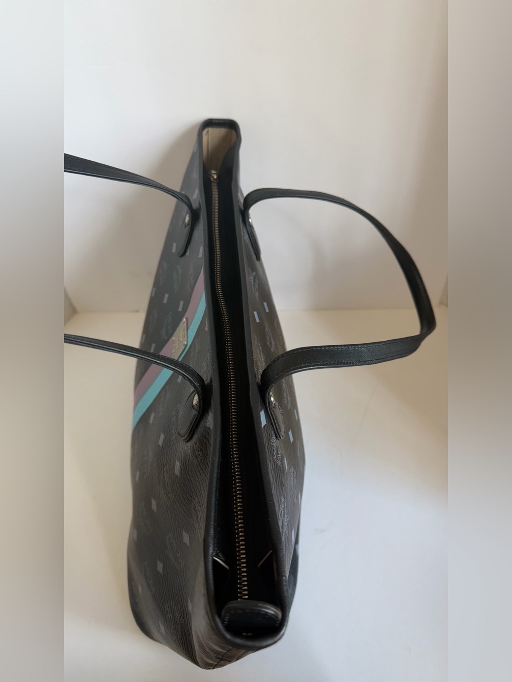 MCM Black Logo Stripe Tote with Purple and Aqua Accents - Picture 6 of 13